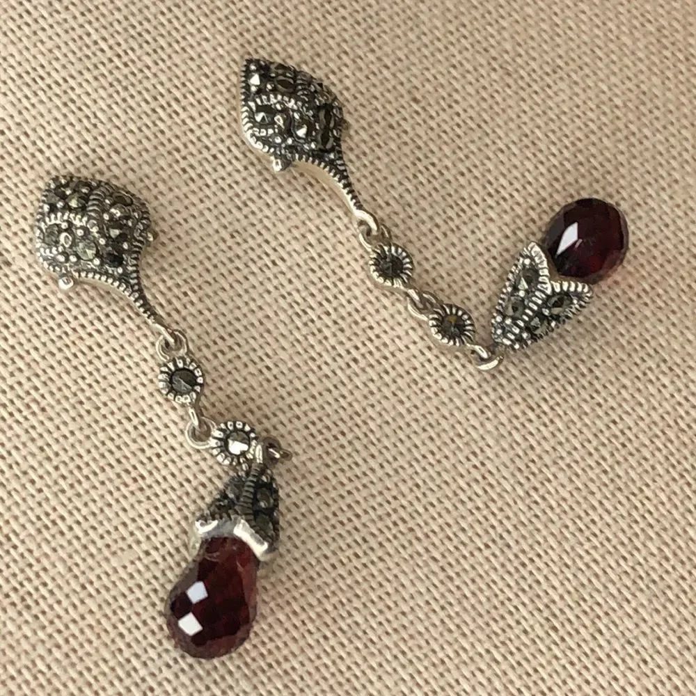 Vintage Red Garnet and Marcasite Long Drop Dangle Sterling Silver Earrings - Picture 4 of 14